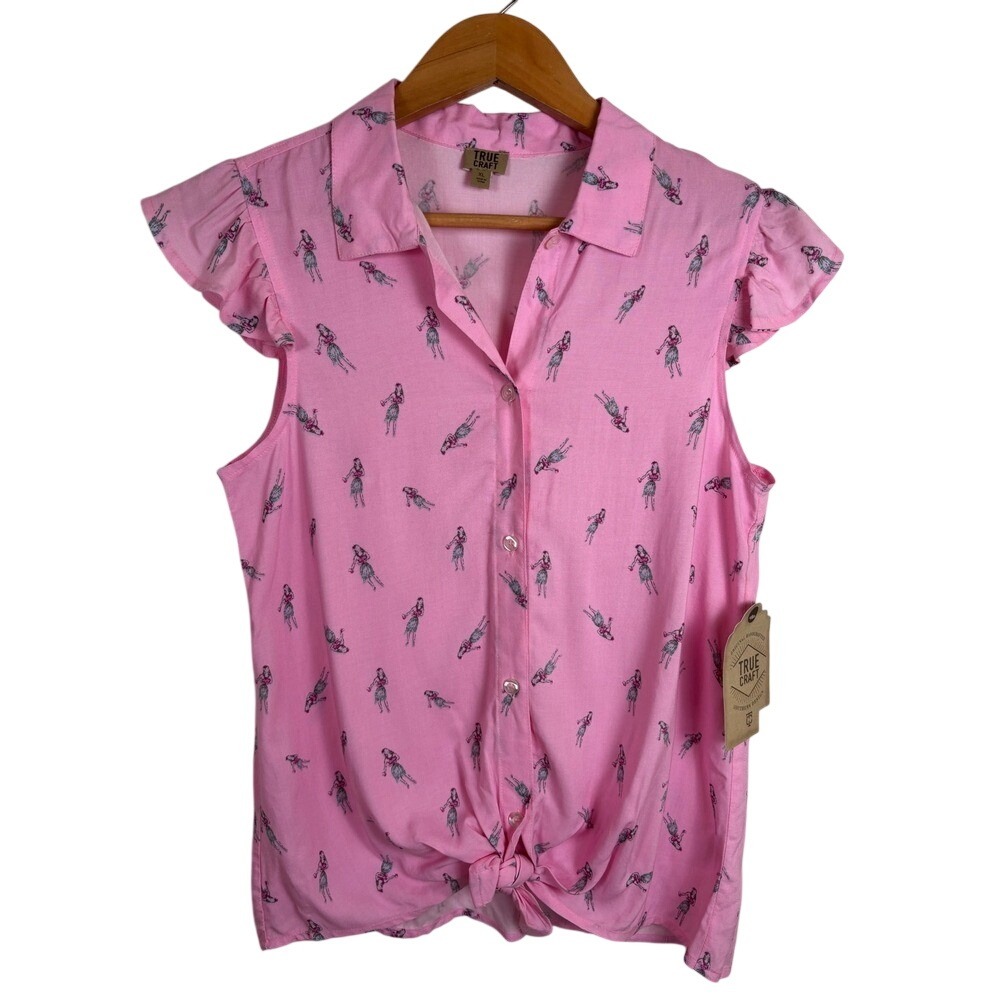 True Craft Girls XL Pink Hula Girl Print Tie Front Ruffle Sleeve Shirt - NEW‎